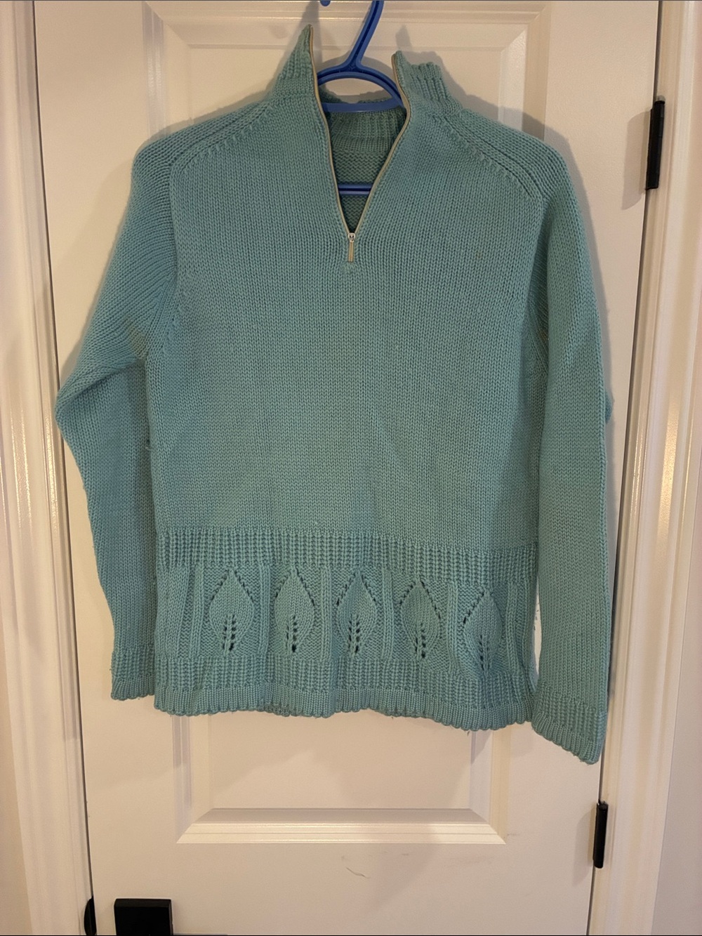 Vintage White Stag Aqua Blue Quarter-Zip Knit Sweater | Pointelle Leaf Hem
